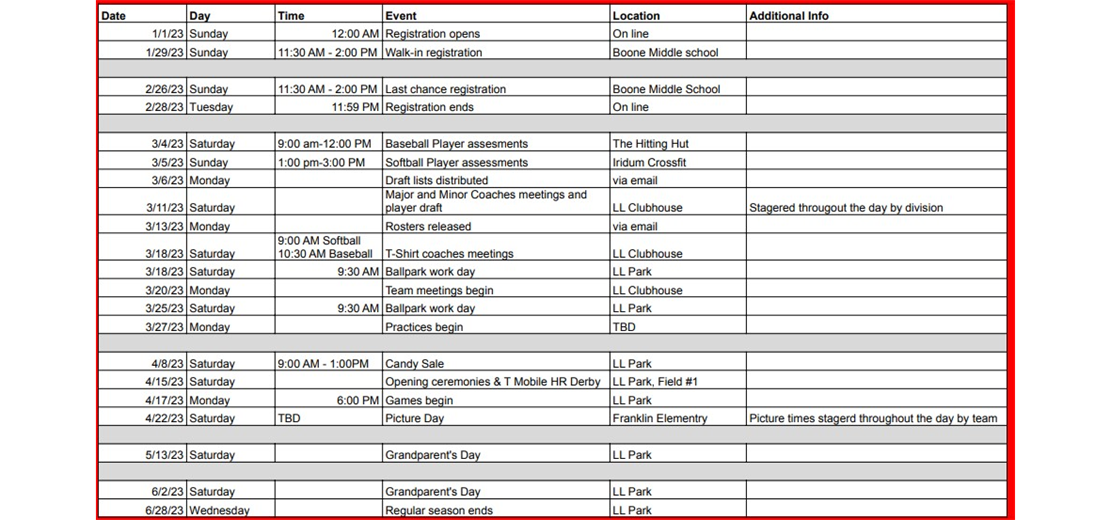 2023 Calendar for T-shirt, Minor, Major, and Junior Divisions